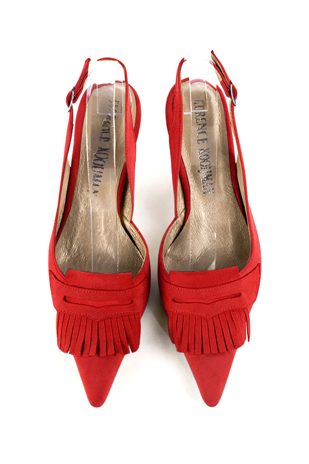 Scarlet red women's slingback shoes. Pointed toe. Medium spool heels. Top view - Florence KOOIJMAN